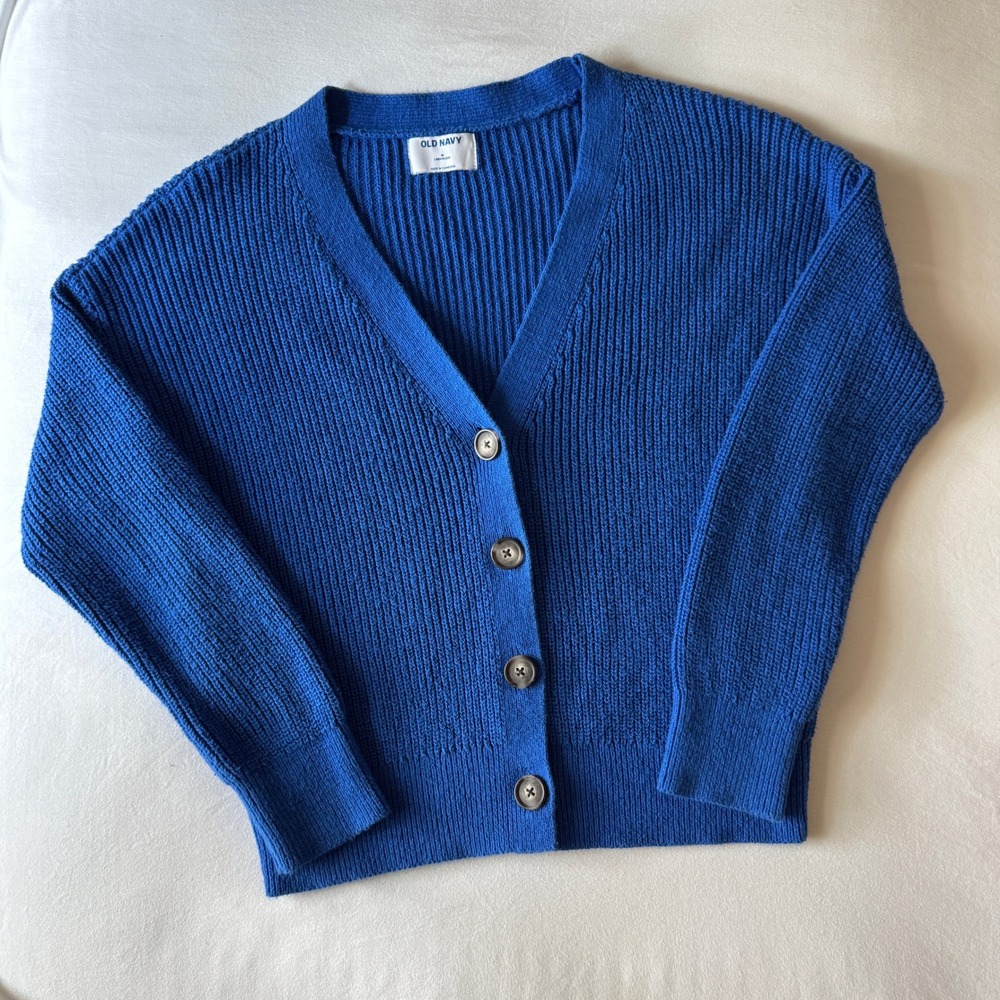Old Navy Shaker Stitch Linen Blend Chunky Knit Cardigan Women M Blue Preppy